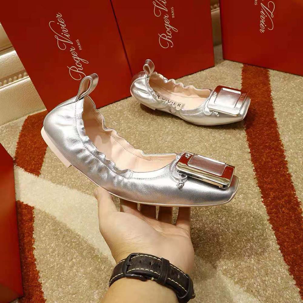 Roger Vivier Women Viv’ Pockette Metal Buckle Ballerinas in Nappa-Silver - image 4
