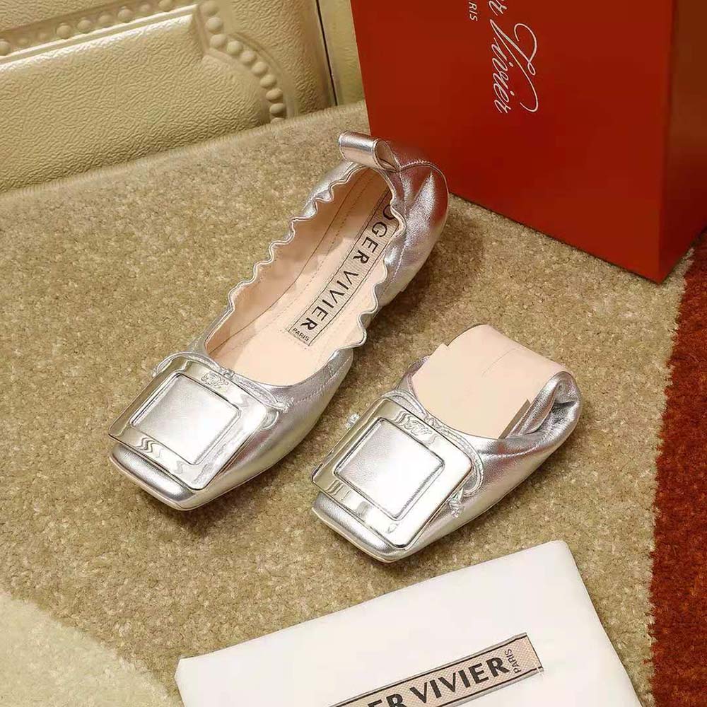 Roger Vivier Women Viv’ Pockette Metal Buckle Ballerinas in Nappa-Silver - image 6