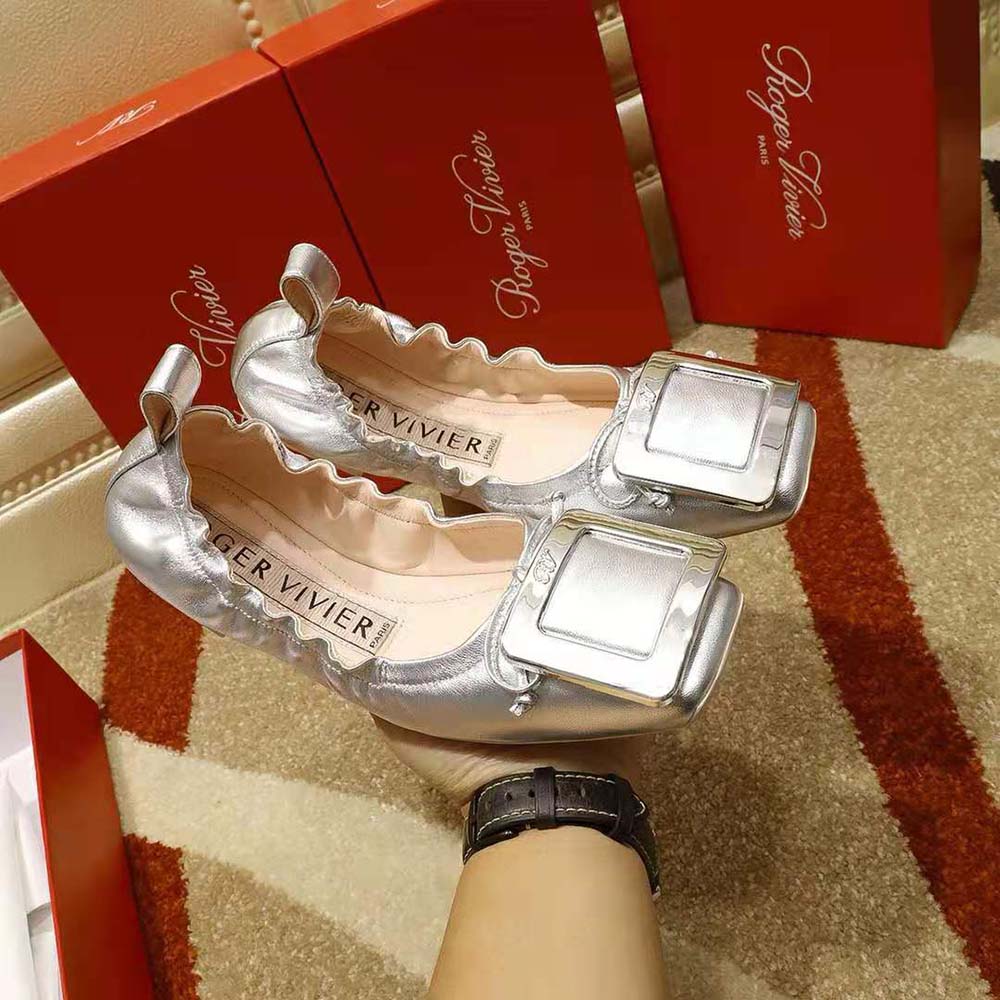 Roger Vivier Women Viv’ Pockette Metal Buckle Ballerinas in Nappa-Silver - image 8