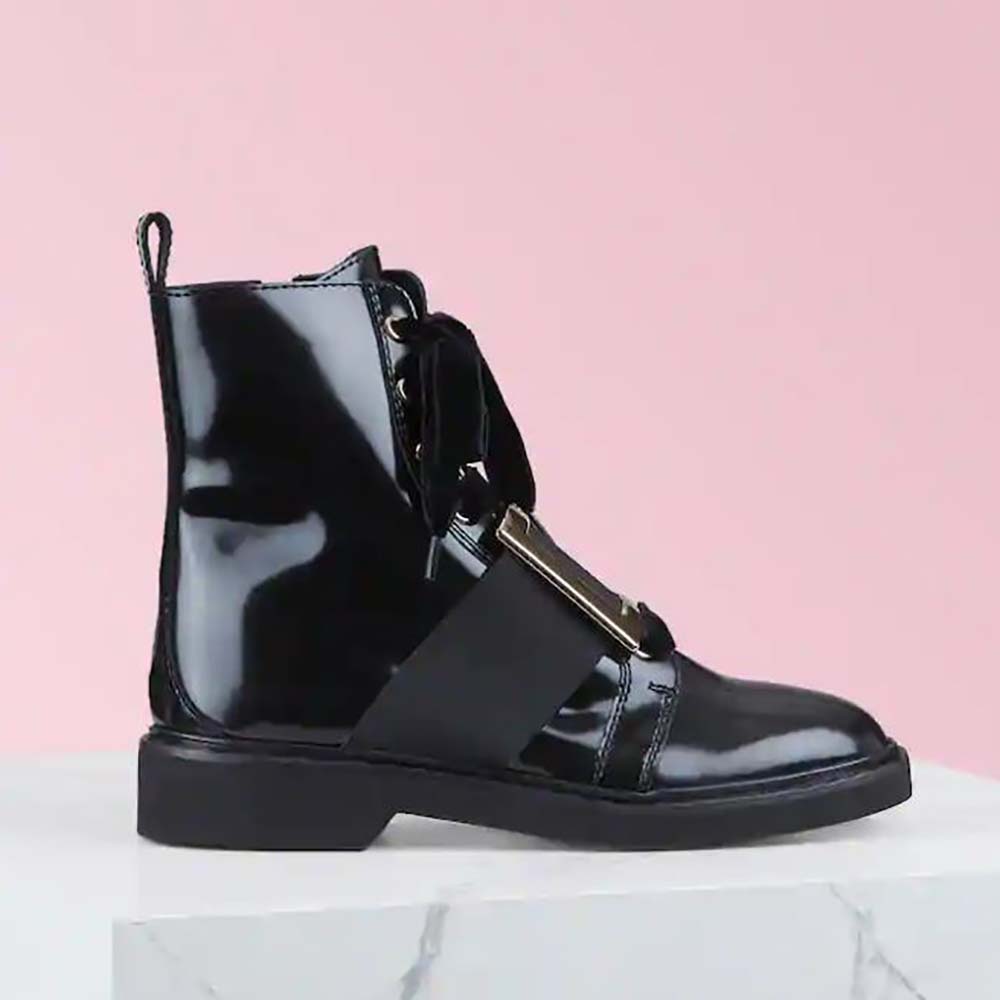 Side profile of Roger Vivier Women Viv’ Rangers Metal Buckle Ankle Boots black leather
