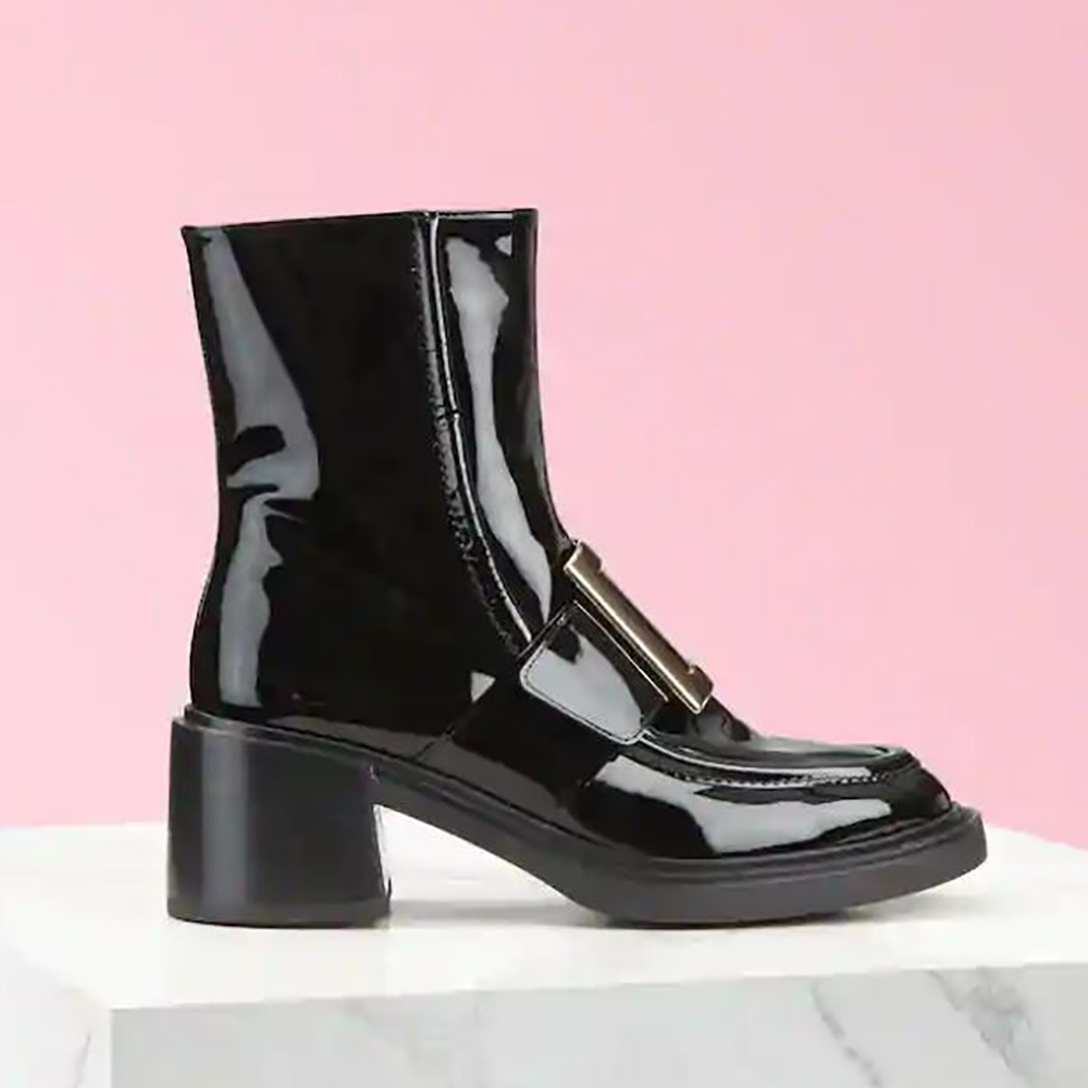 Side view of Roger Vivier Women Viv’ Rangers Metal Buckle Ankle Boots patent leather