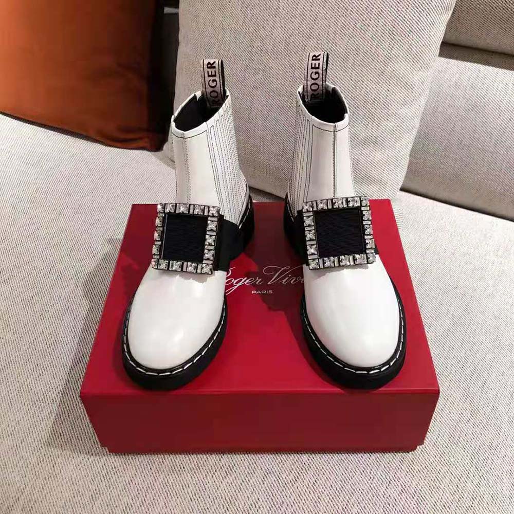 Top-down angle showing leather texture on Roger Vivier Women Viv’ Rangers booties