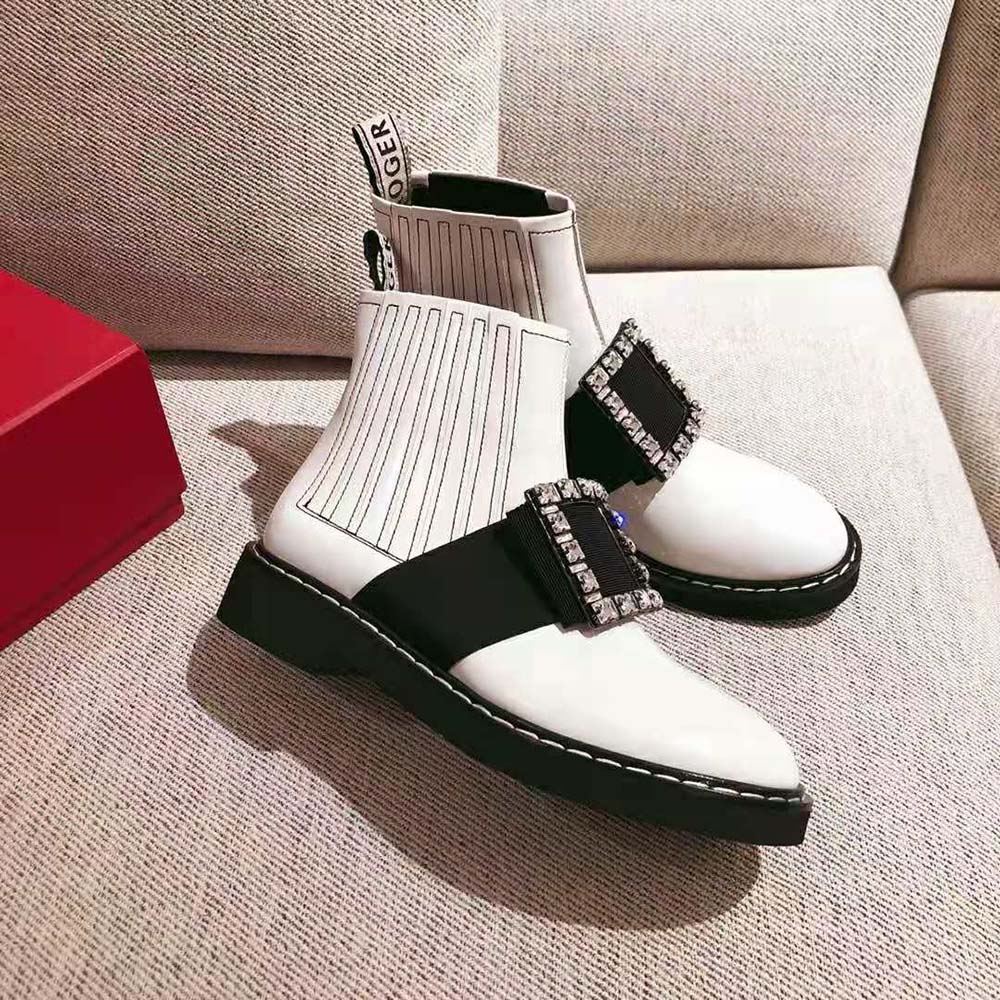Roger Vivier Women Viv’ Rangers Stitch Strass Buckle Booties in Leather-White - image 4