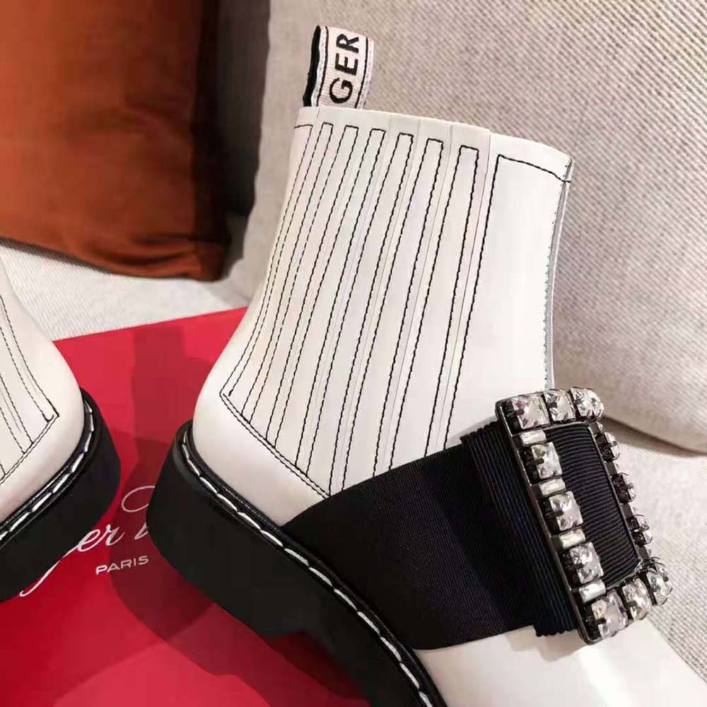 Roger Vivier Women Viv’ Rangers Stitch Strass Buckle Booties in Leather-White - image 6