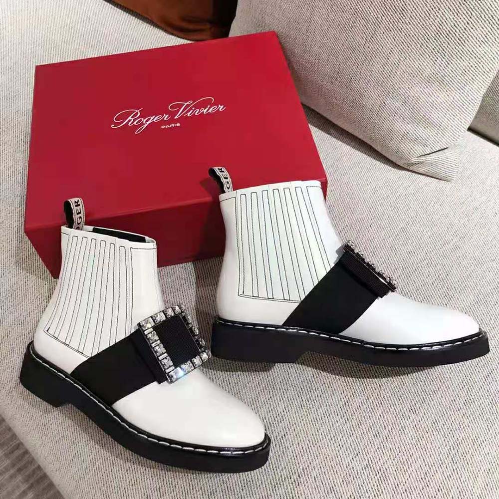 Roger Vivier Women Viv’ Rangers Stitch Strass Buckle Booties in Leather-White - image 8