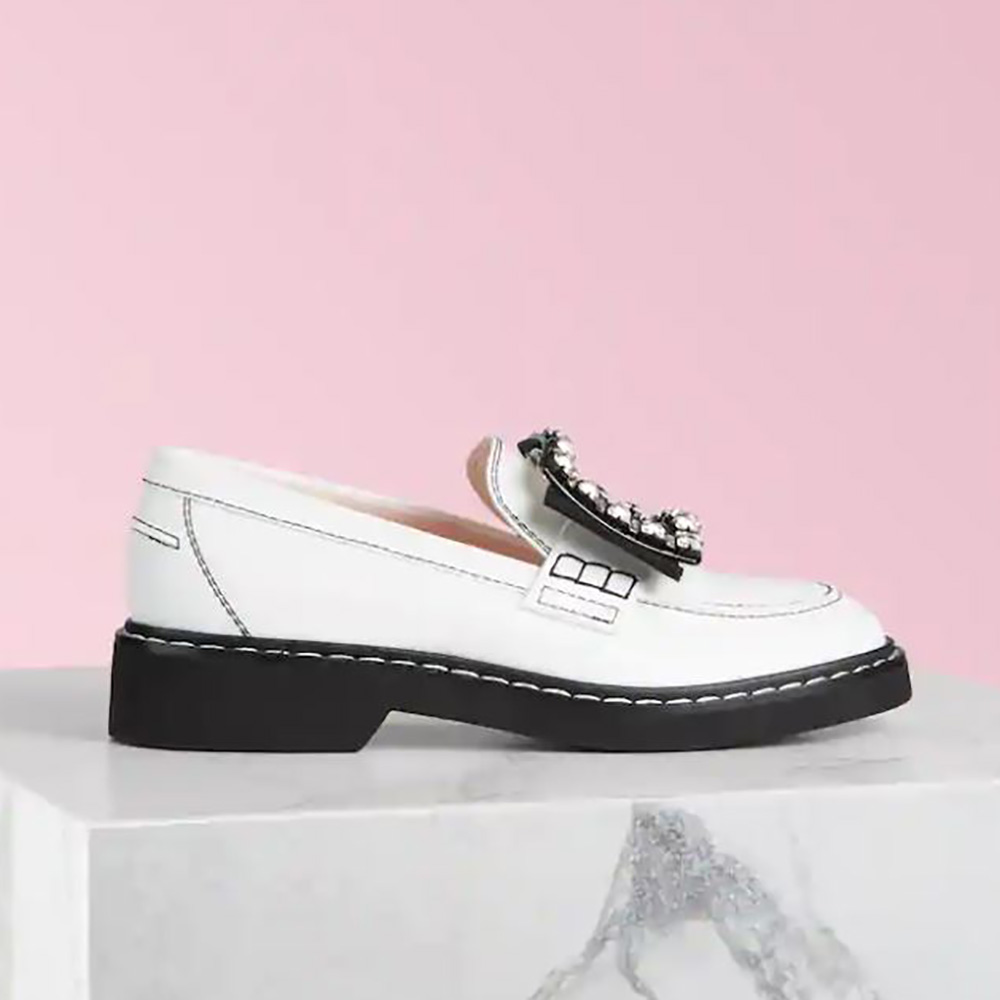 Side profile of Roger Vivier Women Viv’ Rangers Stitch Strass Buckle Loafers white leather