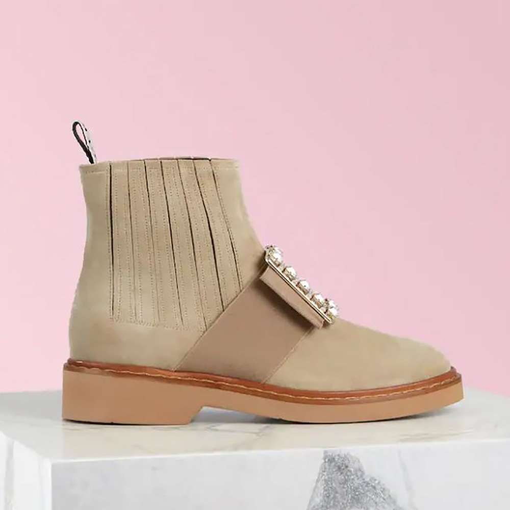 Side view of Roger Vivier Women Viv’ Rangers Strass Buckle Chelsea Booties in Suede