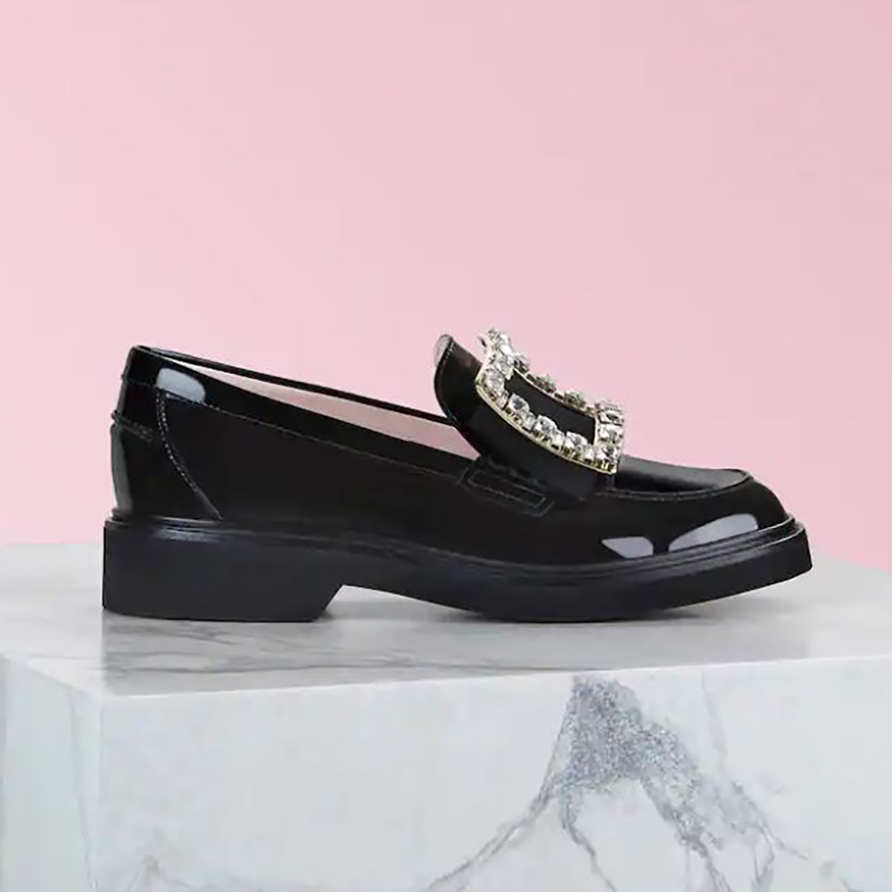 Side view of Roger Vivier Women Viv’ Rangers Strass Buckle Loafers-Black