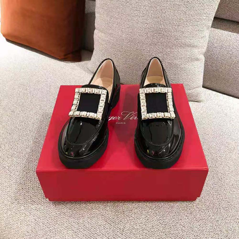 Top angle showing black leather and silhouette of Roger Vivier Viv’ Rangers loafers