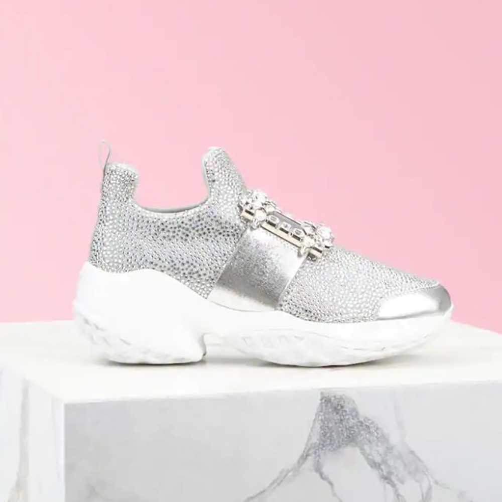 Side profile of Roger Vivier Women Viv’ Run Bling Strass Buckle Sneakers silver