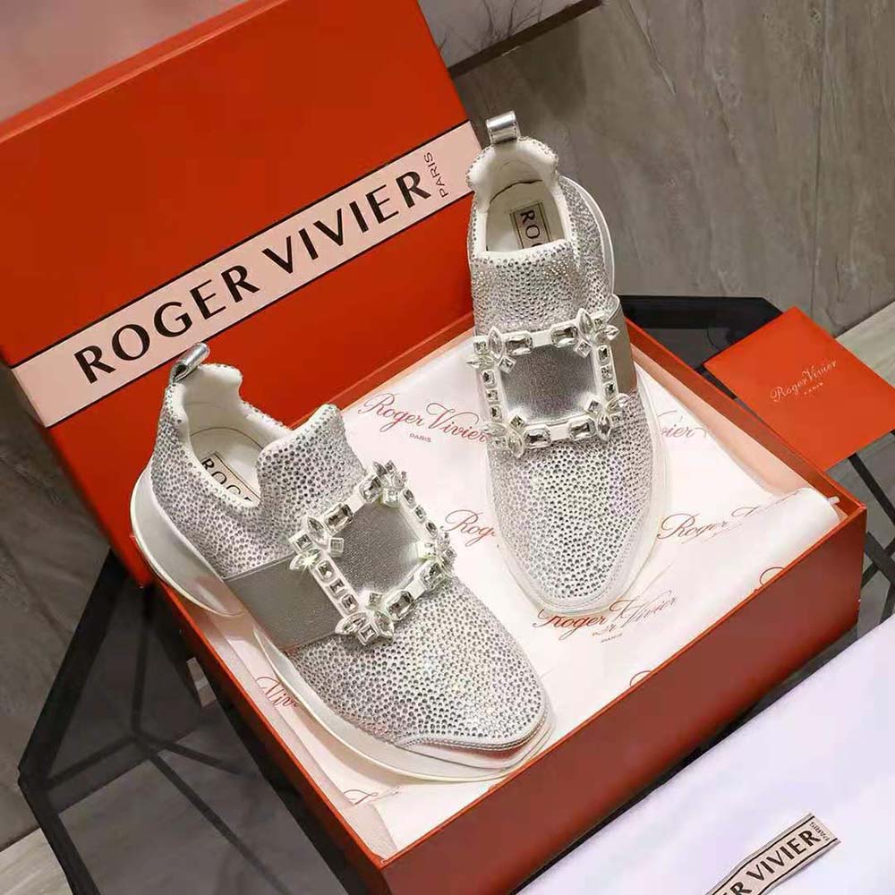 Top view showing lace-up and technical fabric of Roger Vivier silver sneakers