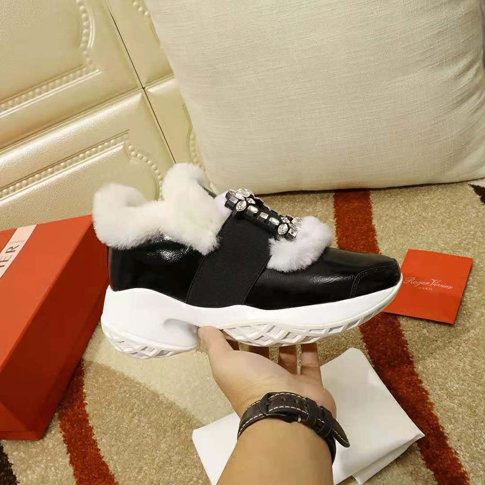 Roger Vivier Women Viv’ Run Shearling Strass Buckle Sneakers in Patent Leather - image 10