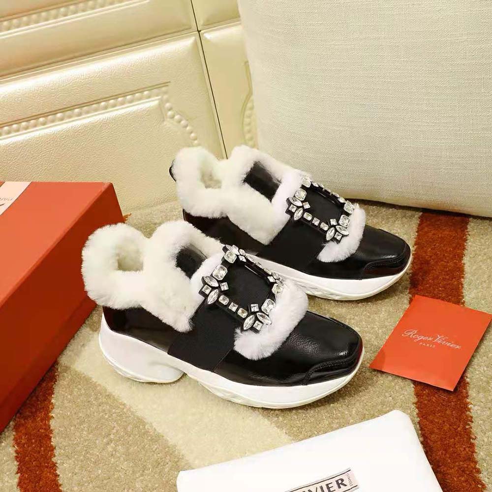 Top angle showing shearling lining inside Roger Vivier Viv’ Run Sneakers