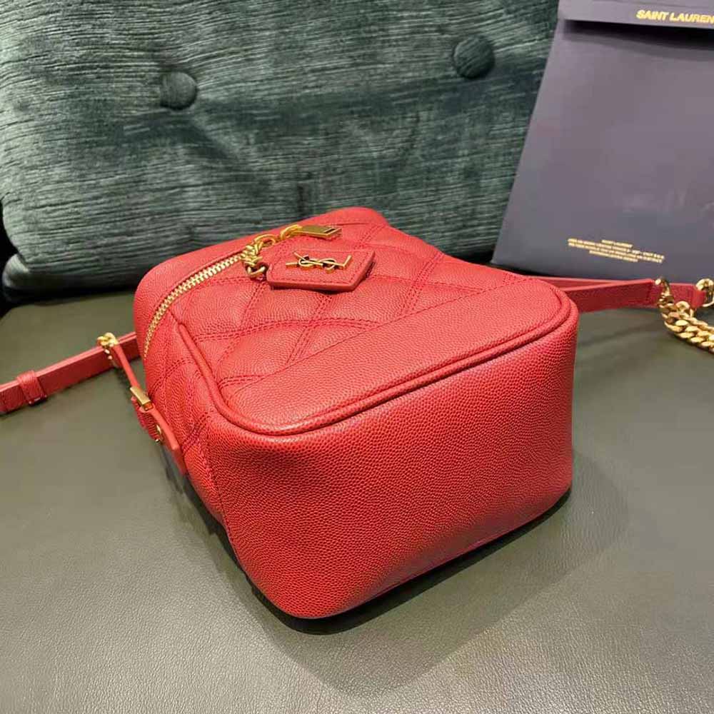 Side angle showing adjustable strap and flap closure of Saint Laurent YSL 80’s Vanity Bag
