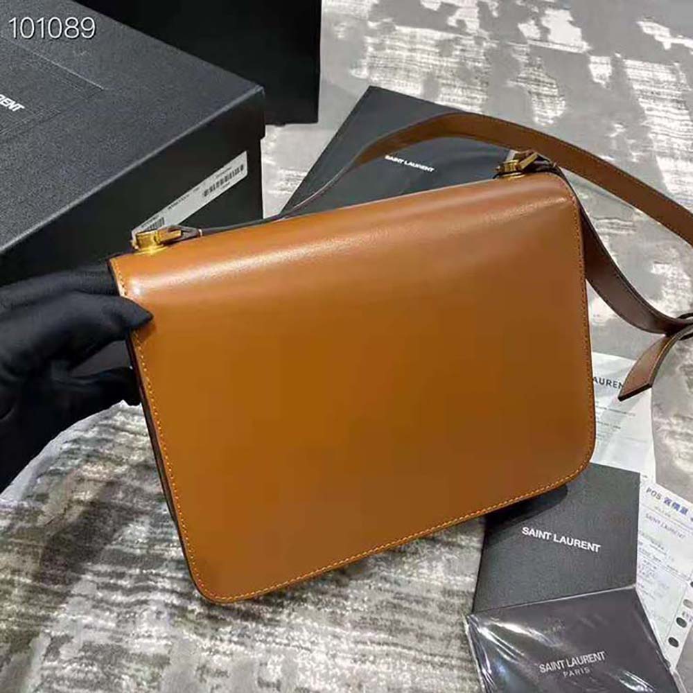 Side angle showing structured silhouette of Saint Laurent YSL satchel