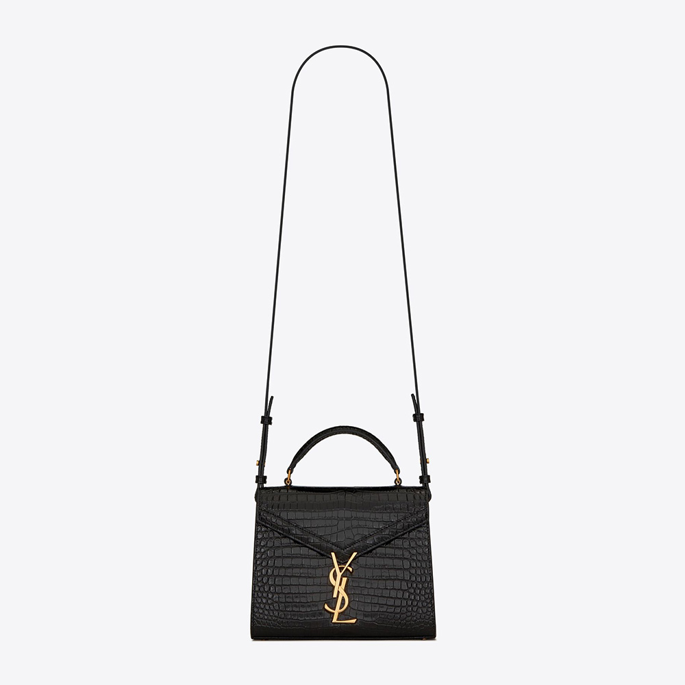 Saint Laurent YSL Women Cassandra Mini Top Handle Bag in Crocodile-Embossed Shiny Leather-Black