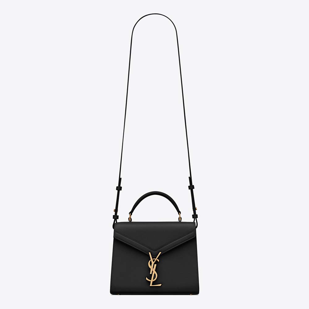 Front view of Saint Laurent YSL Women Cassandra Mini Top Handle Bag in black leather