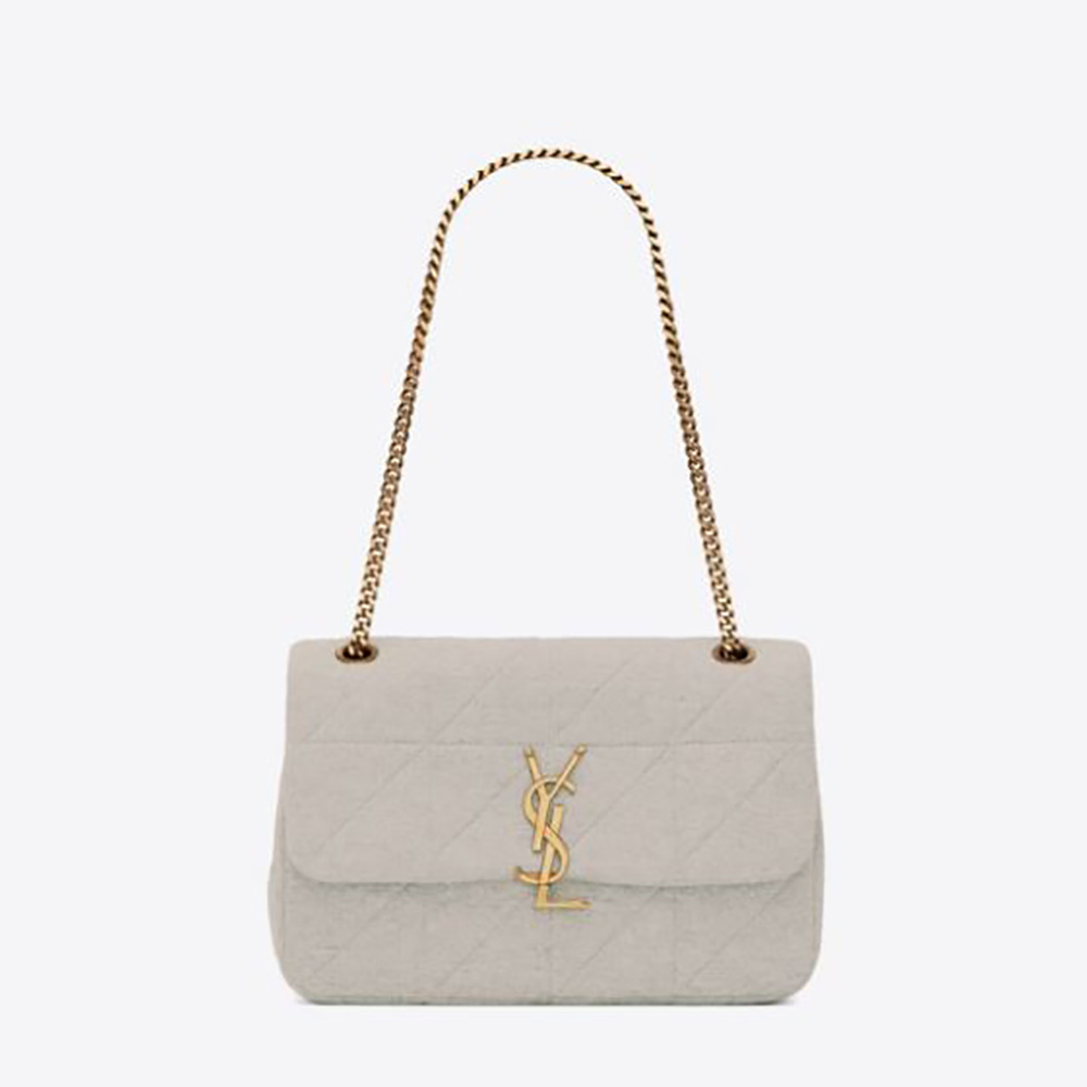 Front view of Saint Laurent YSL Women Jamie Medium Carre Rive Gauche in Jersey-Silver