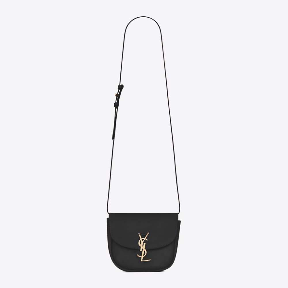 Front angle of Saint Laurent YSL Women Kaia Small Satchel in black leather