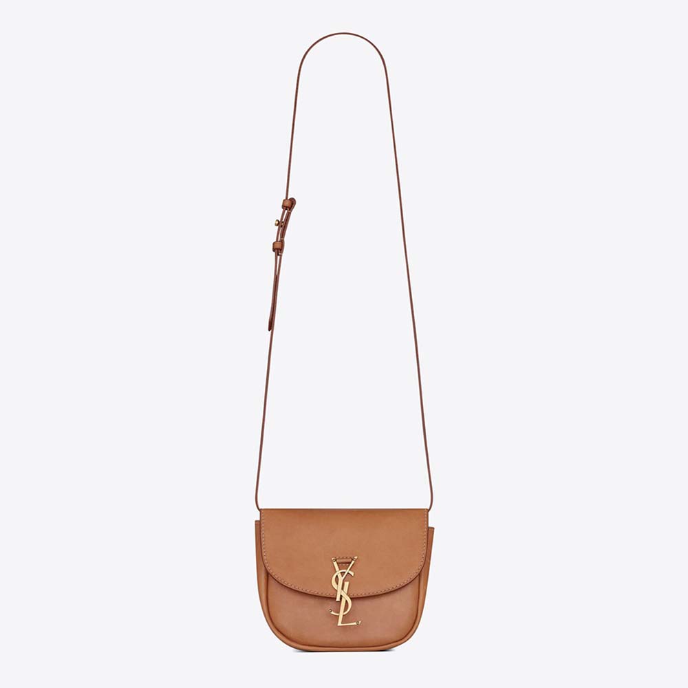 Front view of Saint Laurent YSL Women Kaia Small Satchel in brown leather