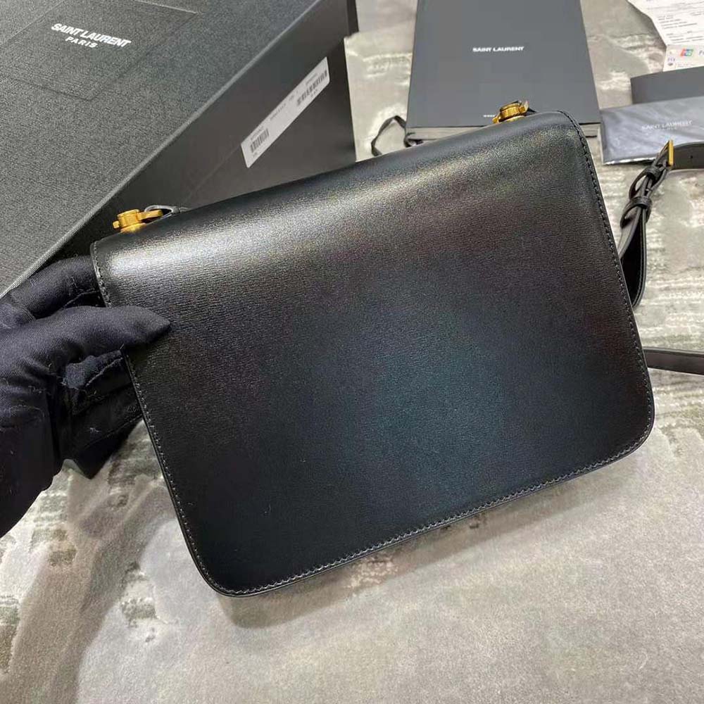 Side angle showing structured silhouette of Saint Laurent Le Carre Satchel