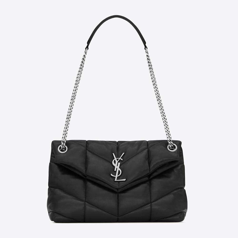 Front view of Saint Laurent YSL Women Loulou Puffer Small Bag in black lambskin