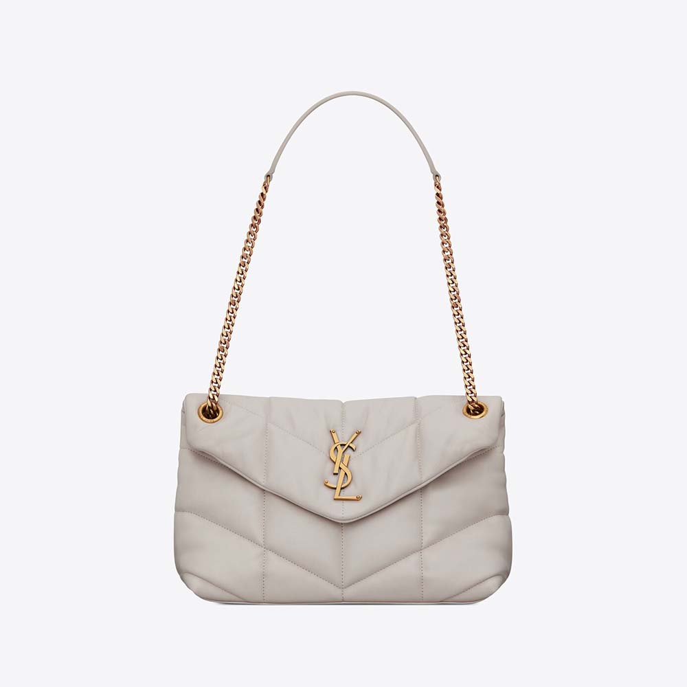 Front angle of Saint Laurent YSL Women Loulou Puffer Small Bag in white lambskin