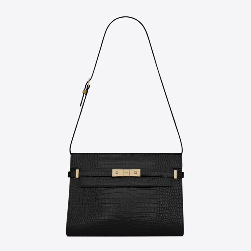 Front view of Saint Laurent YSL Women Manhattan Shoulder Bag in shiny black crocodile leather