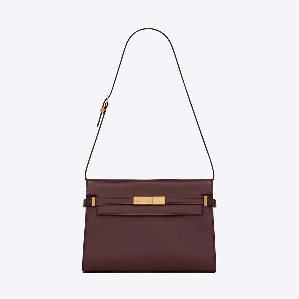 Front view of Saint Laurent YSL Women Manhattan Shoulder Bag in maroon leather