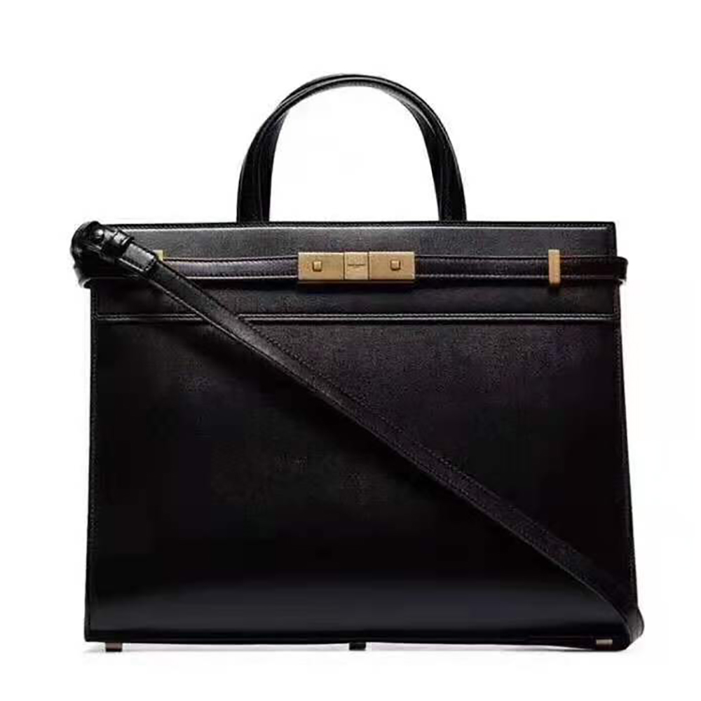 Front view of Saint Laurent YSL Women Manhattan Small Shopping in smooth black leather