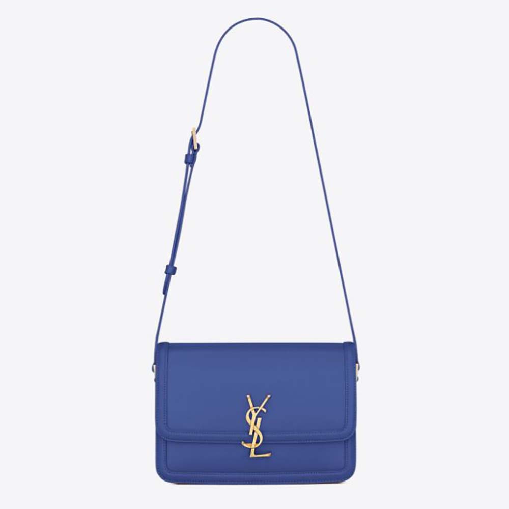 Front view of Saint Laurent YSL Women Solferino Medium Satchel in blue leather