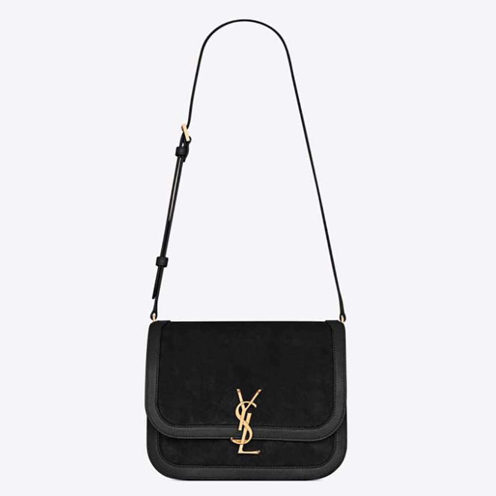 Front view of Saint Laurent YSL Women Solferino Medium Soft Satchel in black