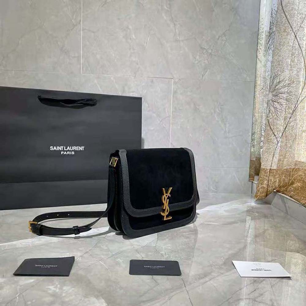 Side angle showing Bsuede and smooth leather texture on Saint Laurent YSL Women Solferino Medium Soft Satchel