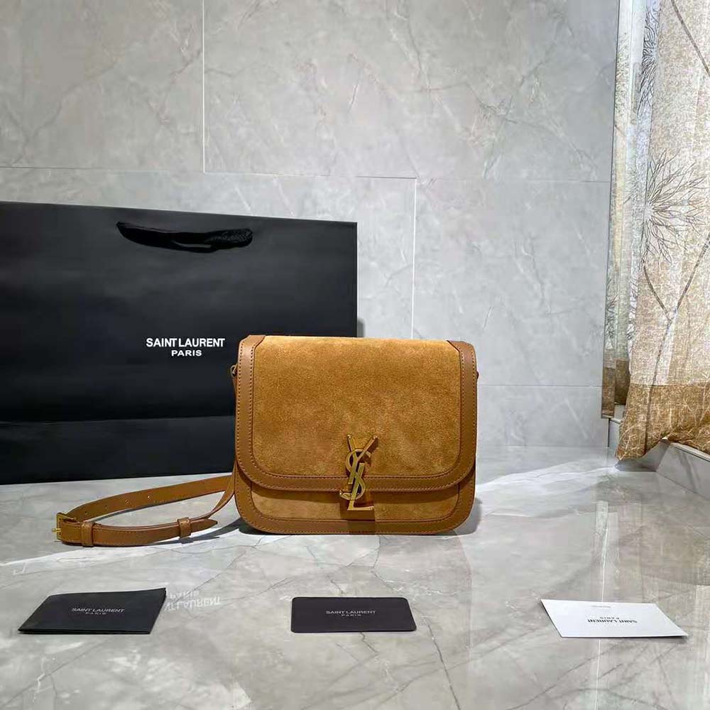 Saint Laurent YSL Women Solferino Medium Soft Satchel in Bsuede and Smooth Leather-Brown - image 2