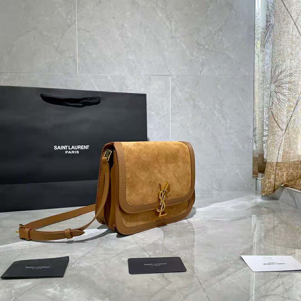 Saint Laurent YSL Women Solferino Medium Soft Satchel in Bsuede and Smooth Leather-Brown - image 4