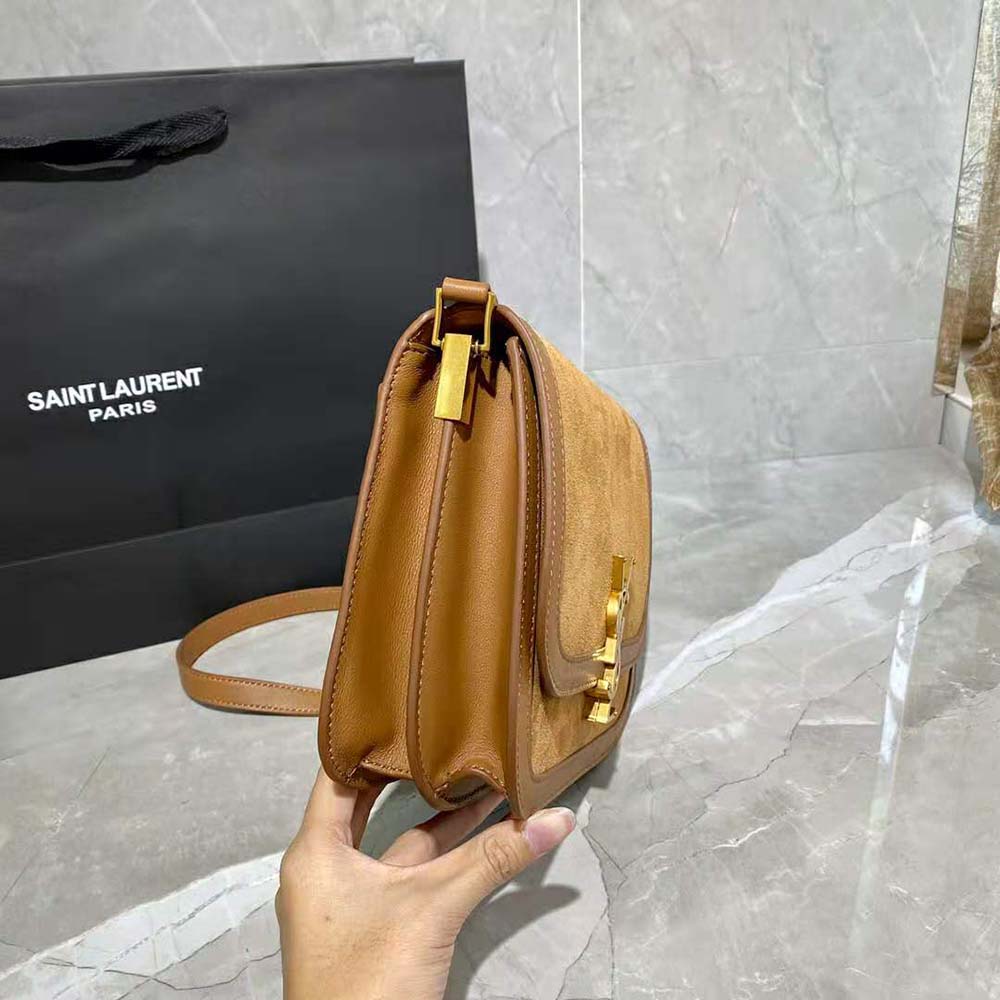 Saint Laurent YSL Women Solferino Medium Soft Satchel in Bsuede and Smooth Leather-Brown - image 6