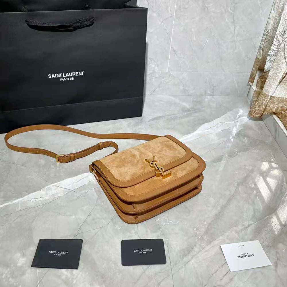 Saint Laurent YSL Women Solferino Medium Soft Satchel in Bsuede and Smooth Leather-Brown - image 7