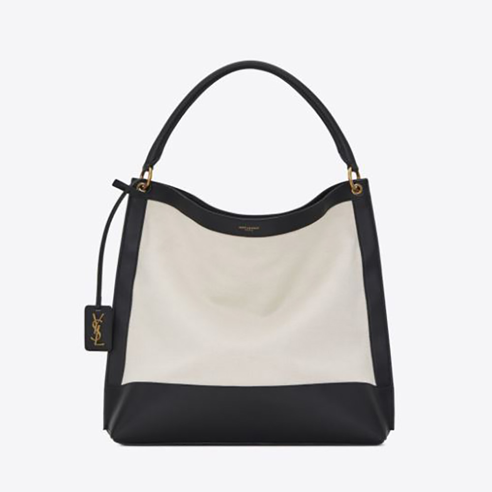Front view of Saint Laurent YSL Women Tag Hobo Bag in white canvas