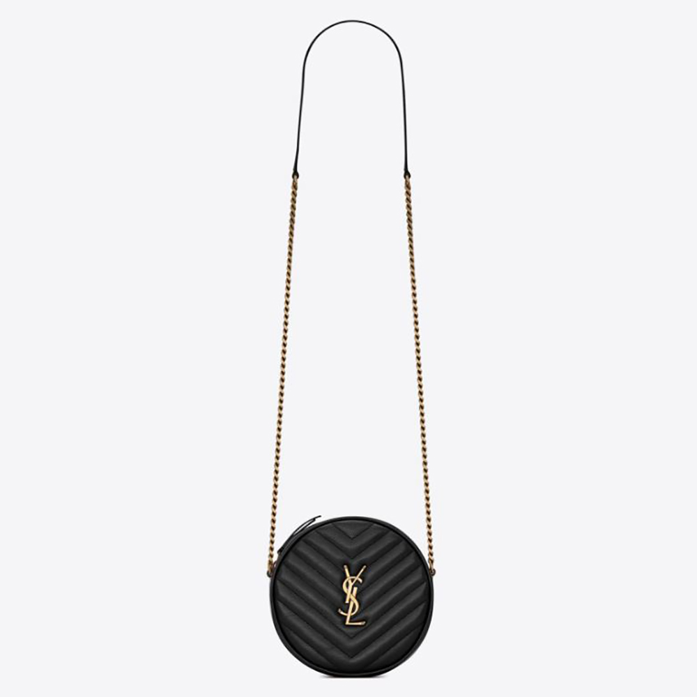 Front view of Saint Laurent YSL Women Vinyle Round Camera Bag black leather