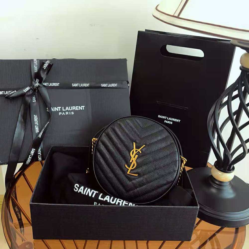 Close-up of chevron-quilted grain de poudre leather texture and YSL logo