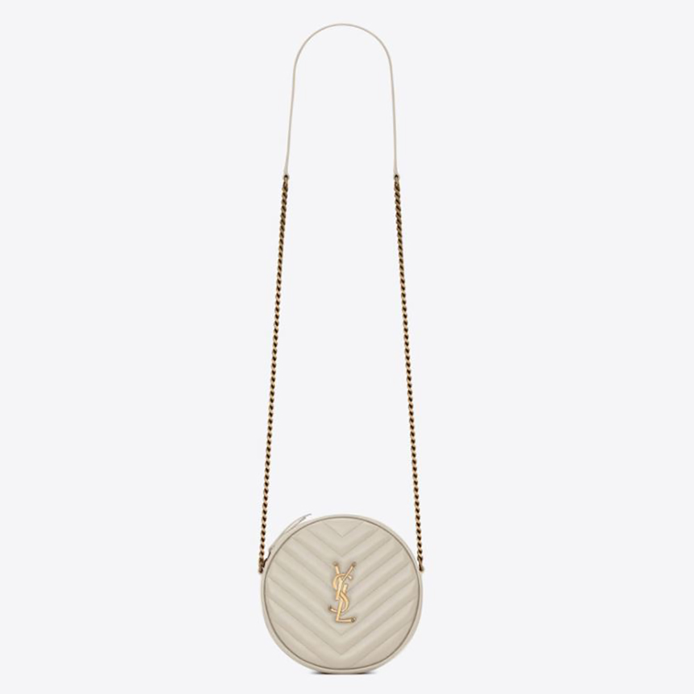 Saint Laurent YSL Women Vinyle Round Camera Bag in Chevron-Quilted Grain de Poudre Embossed Leather-White - image 1