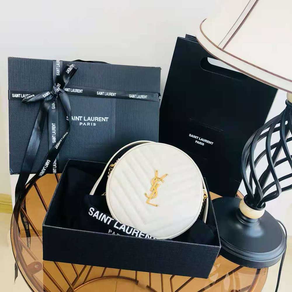 Saint Laurent YSL Women Vinyle Round Camera Bag in Chevron-Quilted Grain de Poudre Embossed Leather-White - image 2