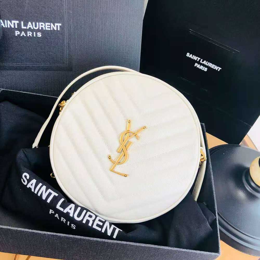 Saint Laurent YSL Women Vinyle Round Camera Bag in Chevron-Quilted Grain de Poudre Embossed Leather-White - image 3