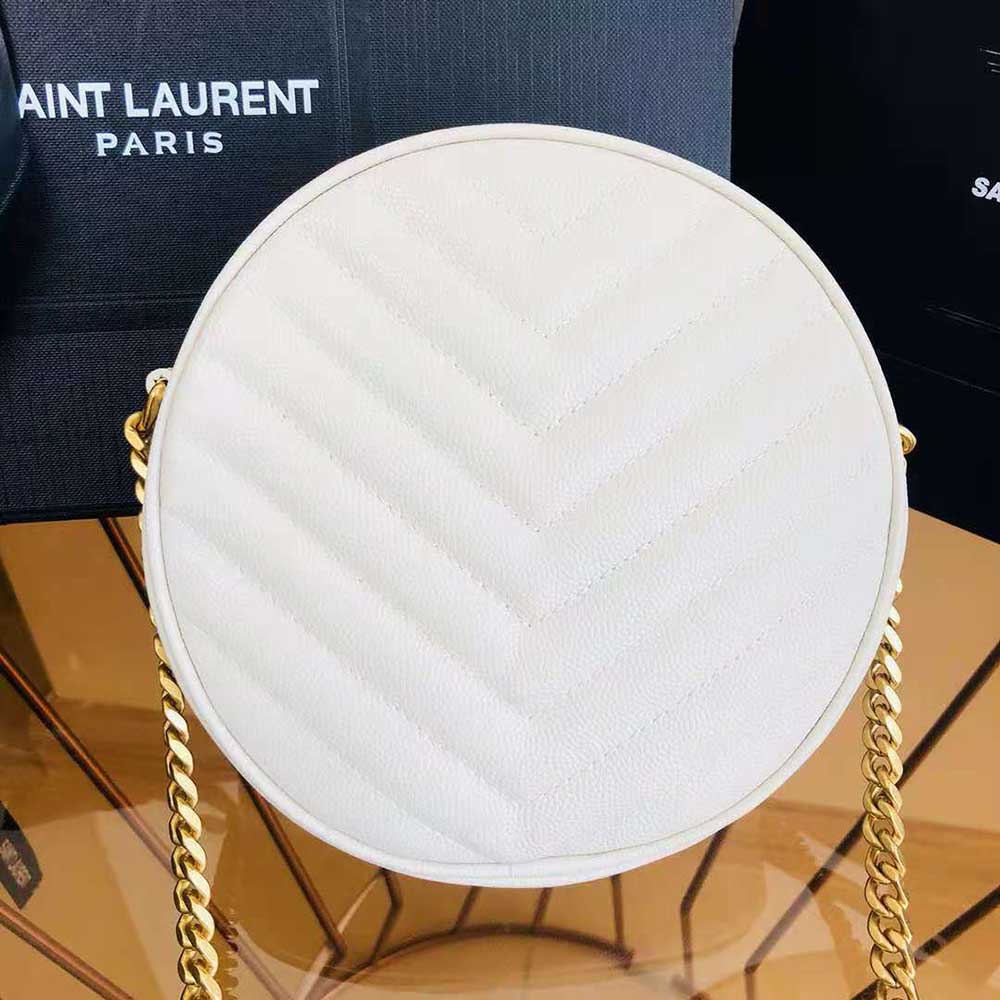Saint Laurent YSL Women Vinyle Round Camera Bag in Chevron-Quilted Grain de Poudre Embossed Leather-White - image 4