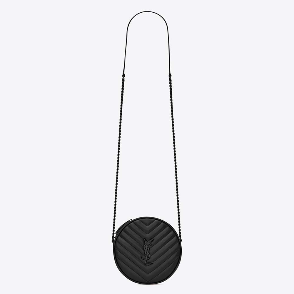 Front view of Saint Laurent YSL Women Vinyle Round Camera Bag in black leather