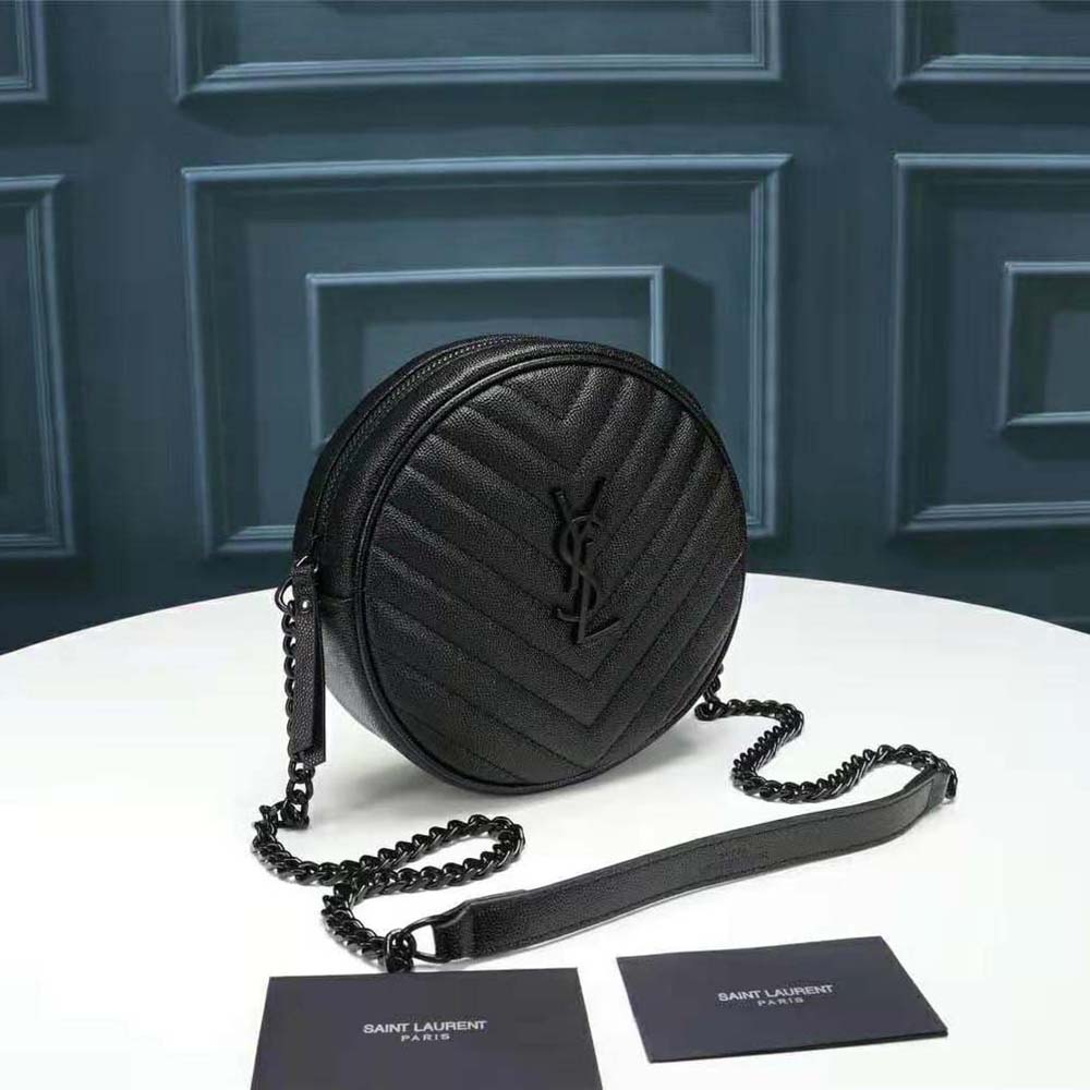 Side angle showing adjustable strap and smooth leather texture of Saint Laurent bag