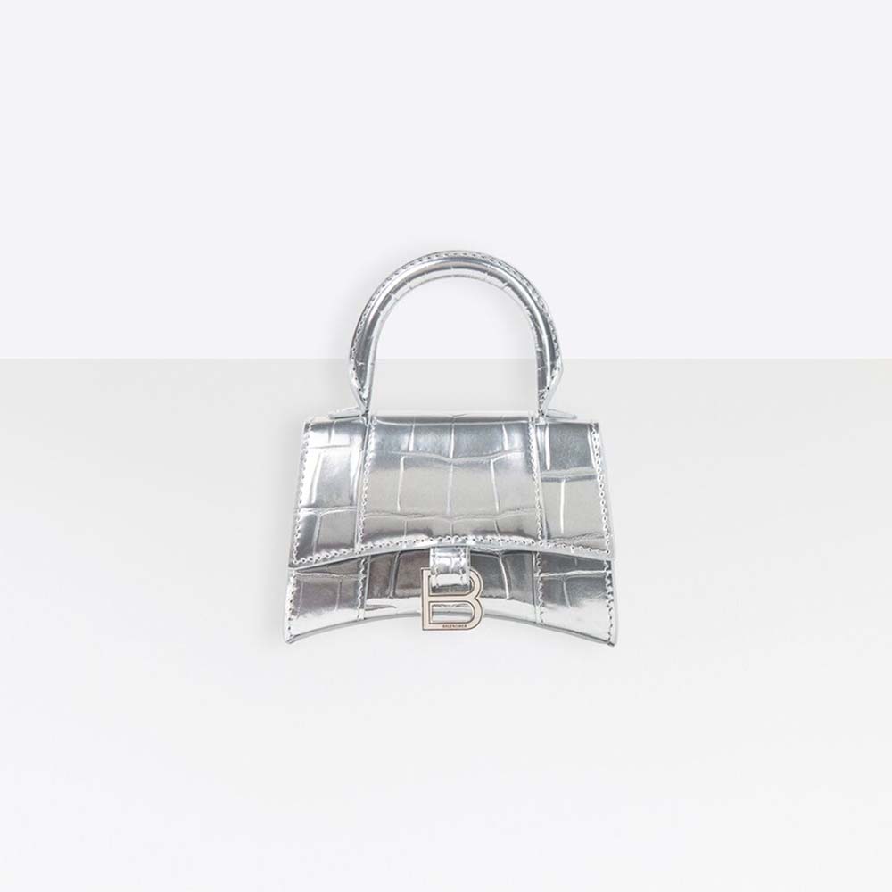 Front view of Balenciaga Women Hourglass Mini Top Handle Bag in silver