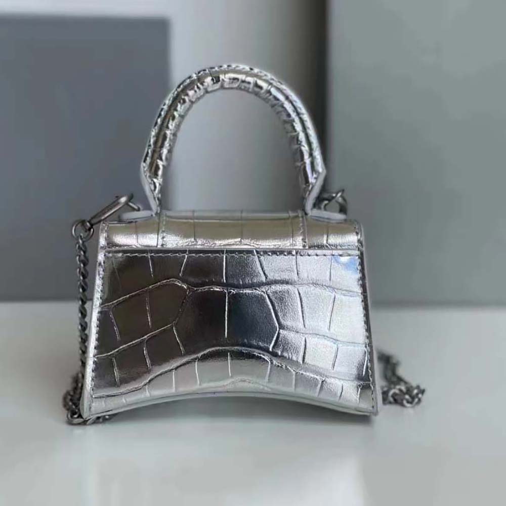 Balenciaga Women Hourglass Mini Top Handle Bag in Silver Crocodile Embossed Calfskin - image 5