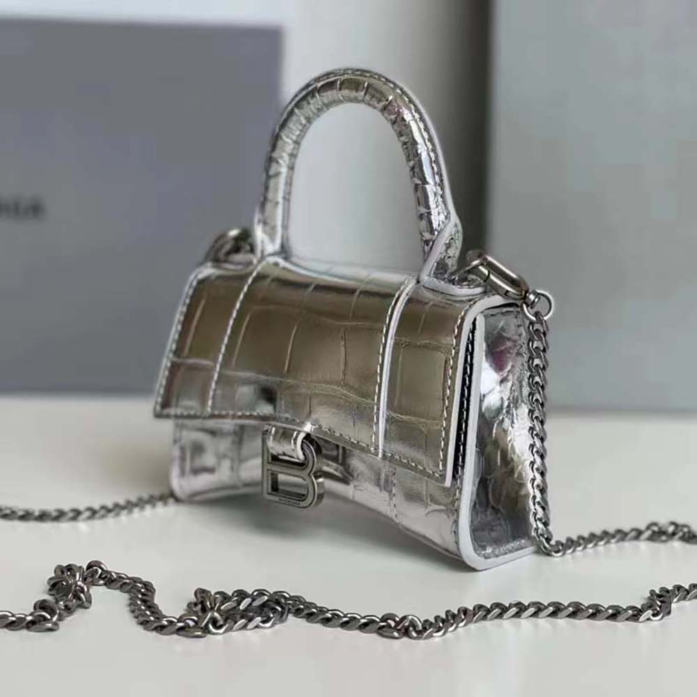 Balenciaga Women Hourglass Mini Top Handle Bag in Silver Crocodile Embossed Calfskin - image 4