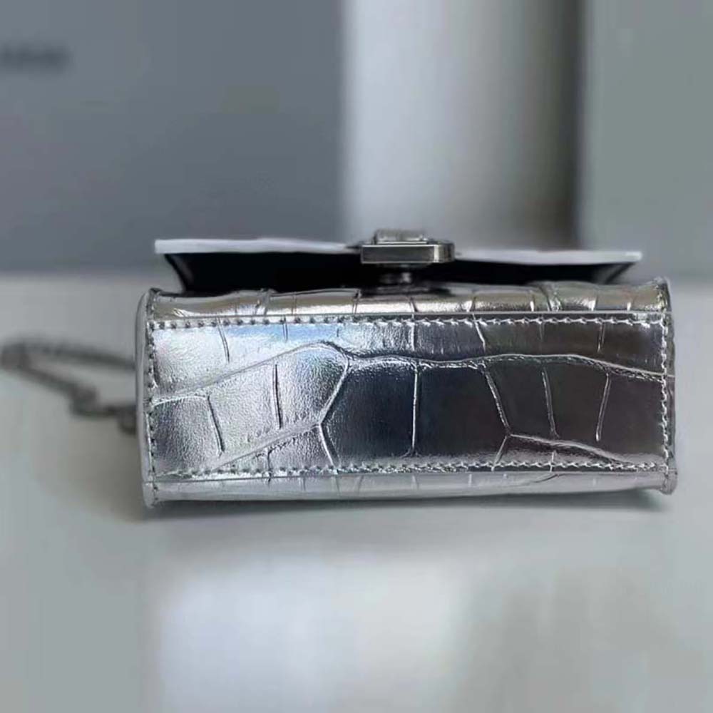 Balenciaga Women Hourglass Mini Top Handle Bag in Silver Crocodile Embossed Calfskin - image 7